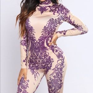 NWT FASHION NOVA NUDE/PURPLE EMBELLISHED JUMPSUIT